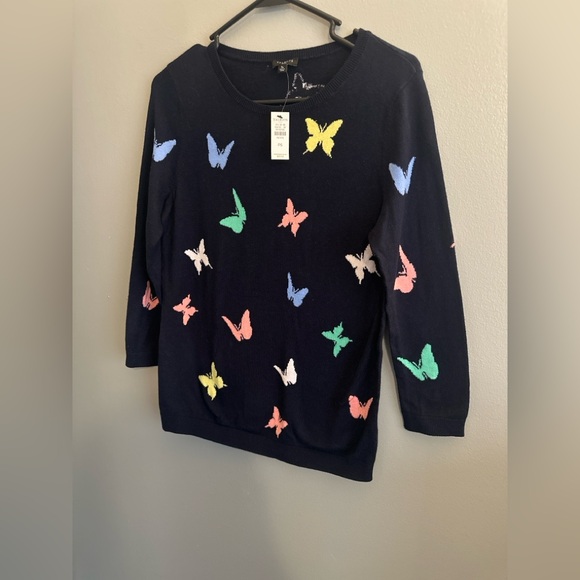 Talbots Petite Butterfly Sweater PS Navy Cotton Blend Spring Garden Preppy - Picture 4 of 6